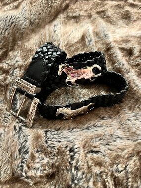 Vintage Woven Leather Western Belt - Silver Horse Conchos and Buckle - Size 32